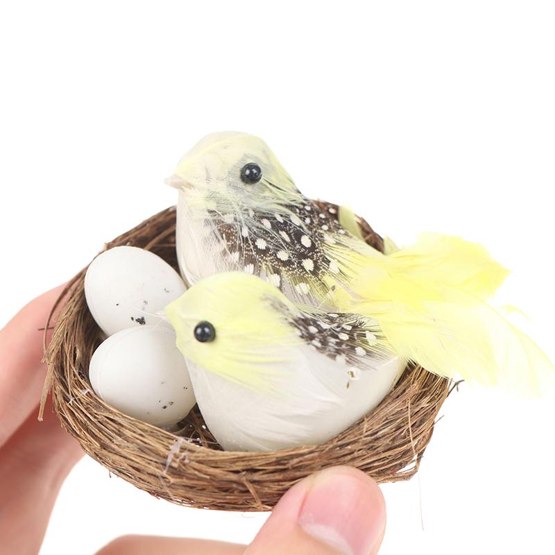 1 Set Artificial Feathered Birds & Nest & Egg Creative Craft Birds Sculpture Art Decoration Home Garden