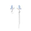 S925 Silver Needle Asymmetrical Butterfly Tassel Earrings with Blue Diamond Crystal and Pearls for Women - Spring/Summer.