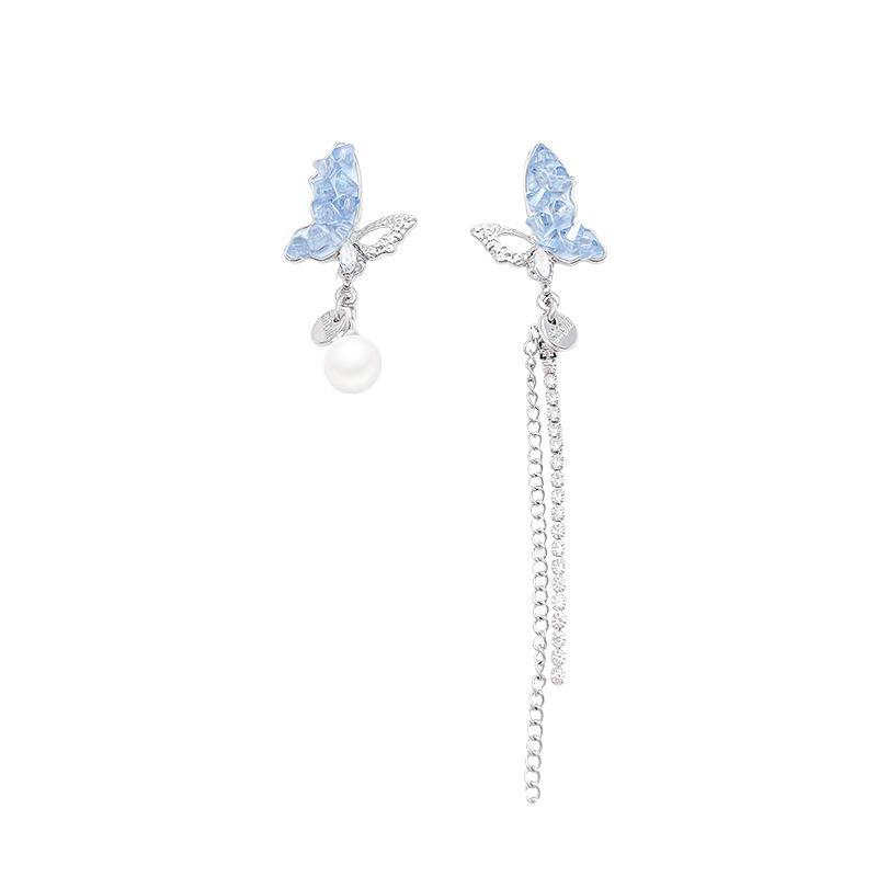 S925 Silver Needle Asymmetrical Butterfly Tassel Earrings with Blue Diamond Crystal and Pearls for Women - Spring/Summer.