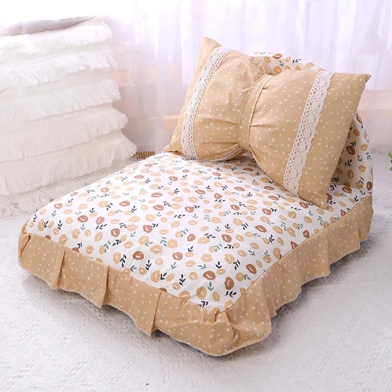 Detachable Pet Sofa Pet Supplies Cute Bow Cat Dog Bed with Pillow Princess Nest Small Medium-sized Dog Mattress Sleeping Pad