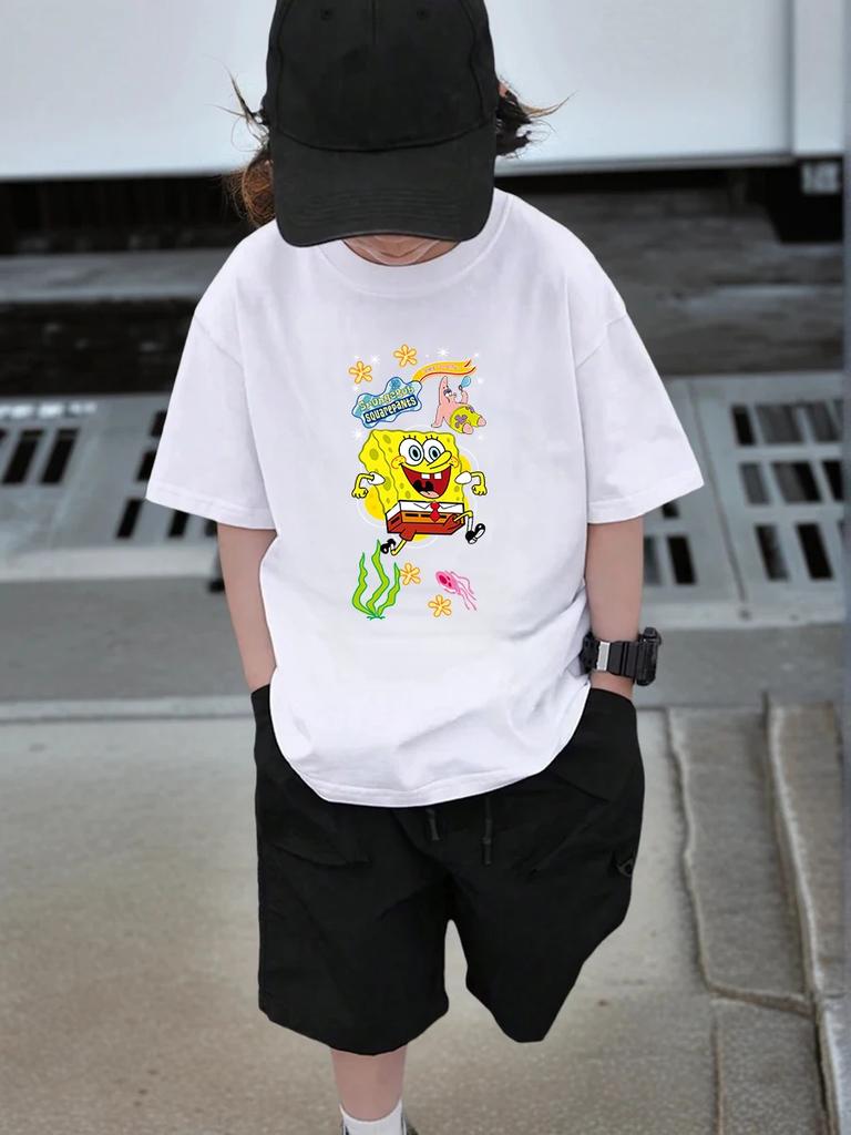 Mr Krabs SpongeBob Short Sleeve T Shirt Children Summer Cute Cartoon Crewneck Boys Girls Ages 3-14