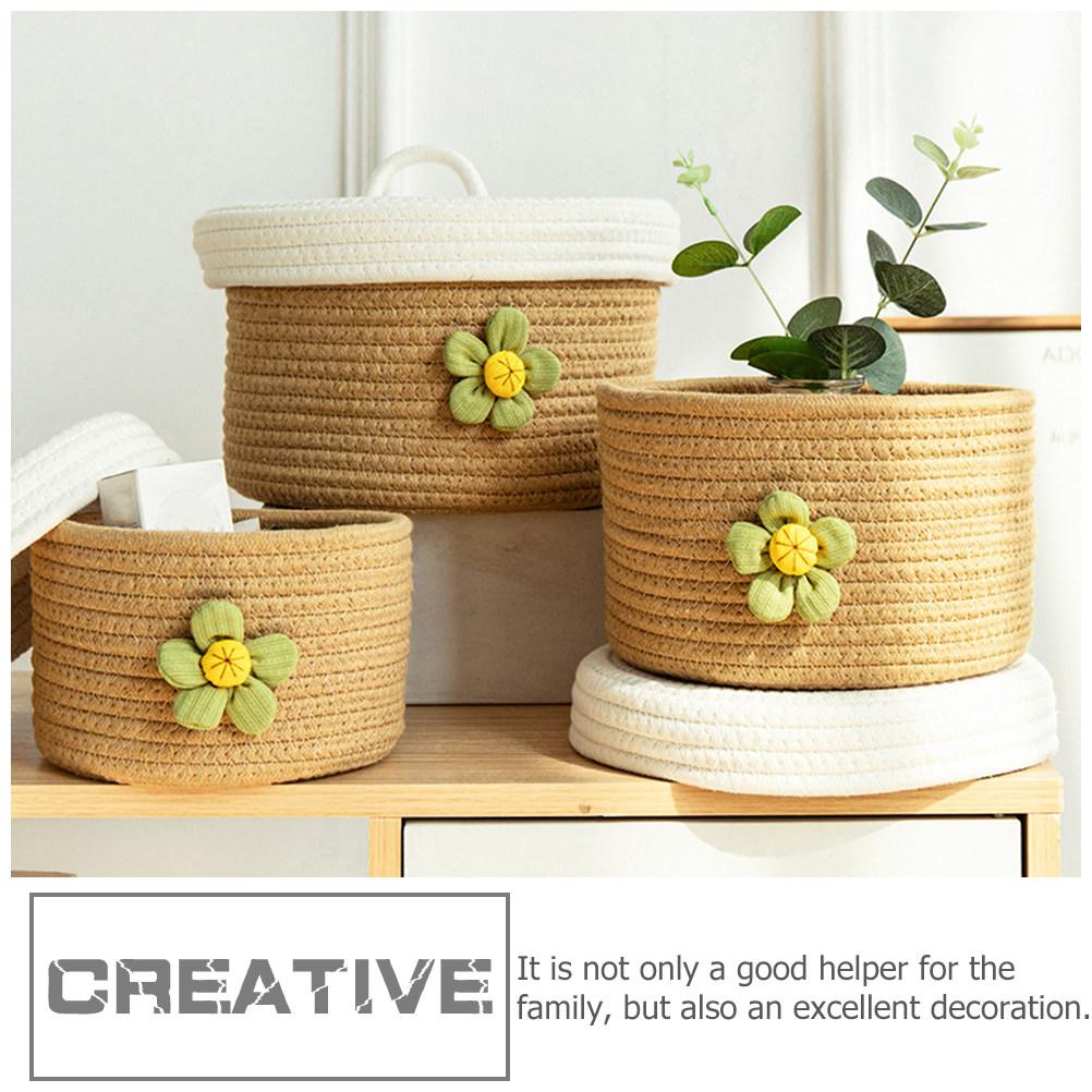 Lidded Large Cotton Rope Storage Basket Round Woven Organizer Multipurpose Suitable for Living Room Bedroom Sundries Storage