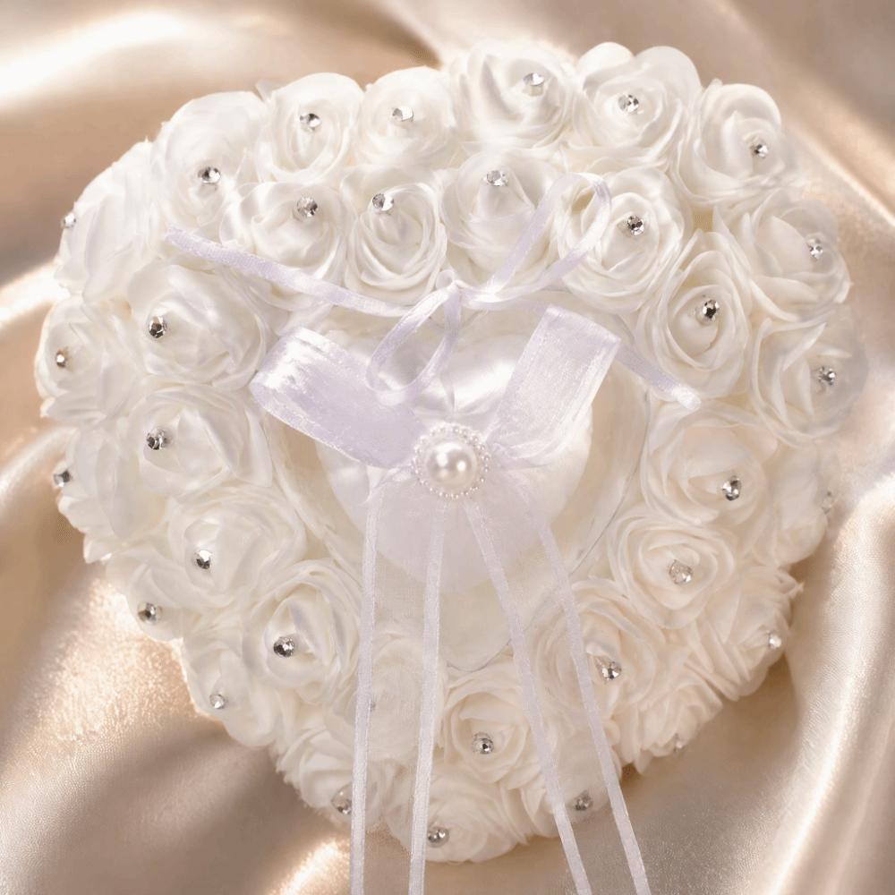 Rhinestone Decoration Wedding Ring Pillow Ribbon Pearl Heart Shaped Ring Box  For Bride