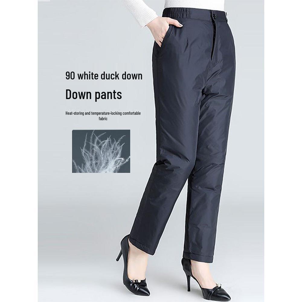 High-Waisted Plus Size Women's Winter Down Pants - Loose, Thick, Warm White Duck Down, Straight Leg for Middle-Aged and Elderly.
