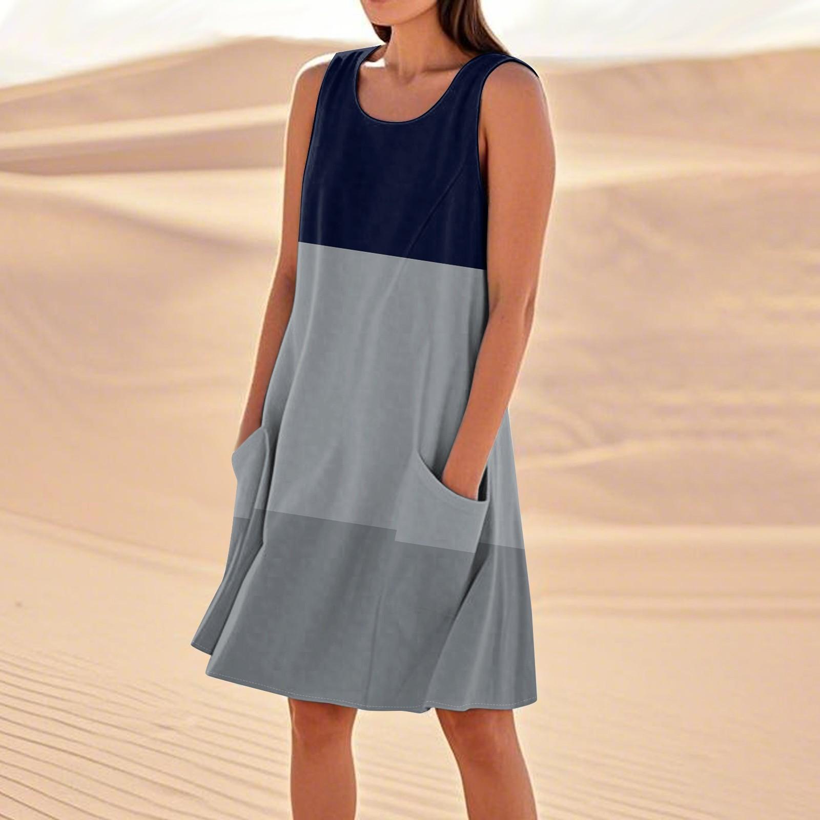 

Летние платья для женщин, свободные пляжные повседневные сарафаны без рукавов с карманами, платье-майка XL