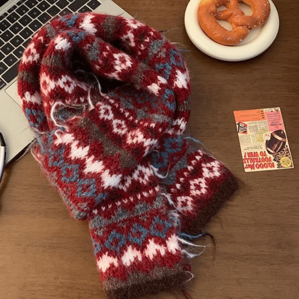 Wool Jacquard Knitted Scarf Printed Winter Wool Neckerchief Sweet Fair Isle Style Scarf  Autumn
