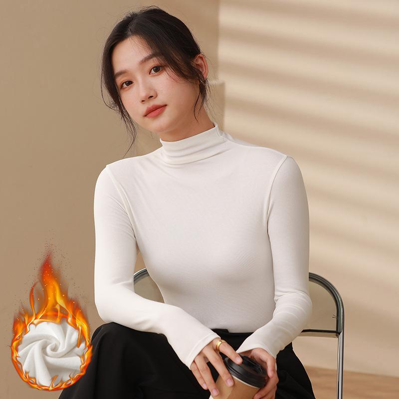 Semi-turtleneck Velvet Bottoming Shirt for Women In Autumn and Winter, Black and White Thickened Mid-neck Long-sleeved Top