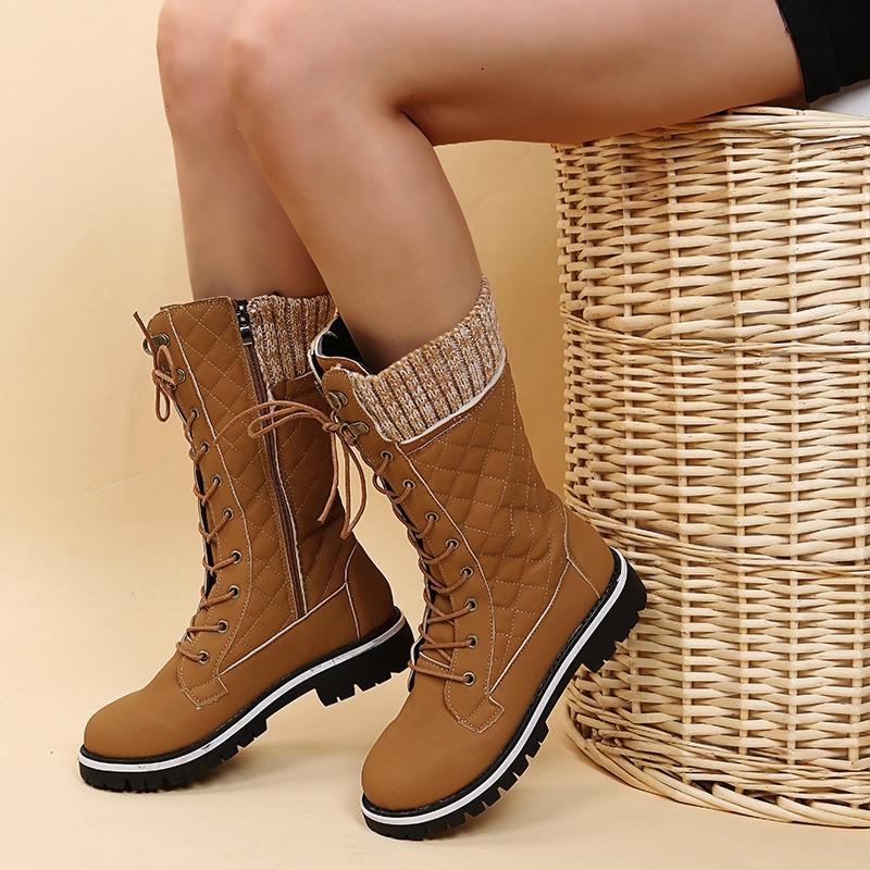 Scarpe invernali da donna con plateau a metà polpaccio, nuovi stivali da neve caldi firmati, stivali casual alla moda con lacci, taglia comoda 43