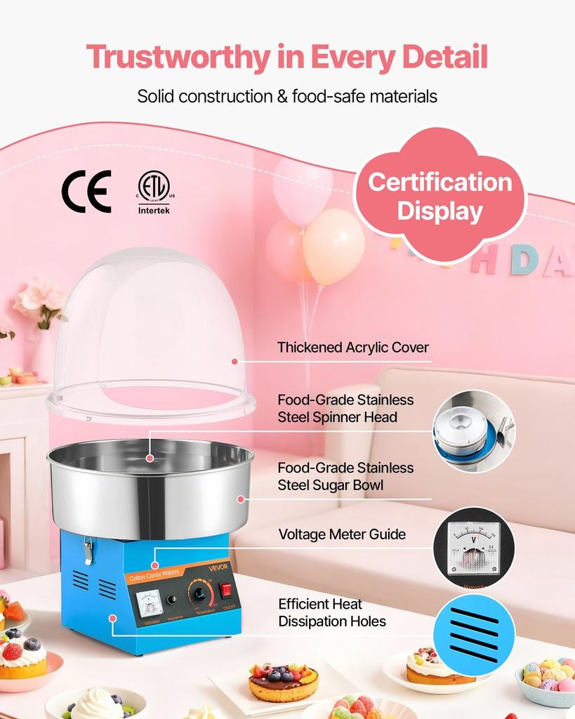 Electric Cotton Candy Machine, 1000W Commercial Floss Maker With Cover, Commercial Cotton Candy Machine w/Stainless Steel Bowl & Sugar Scoop, Ideal