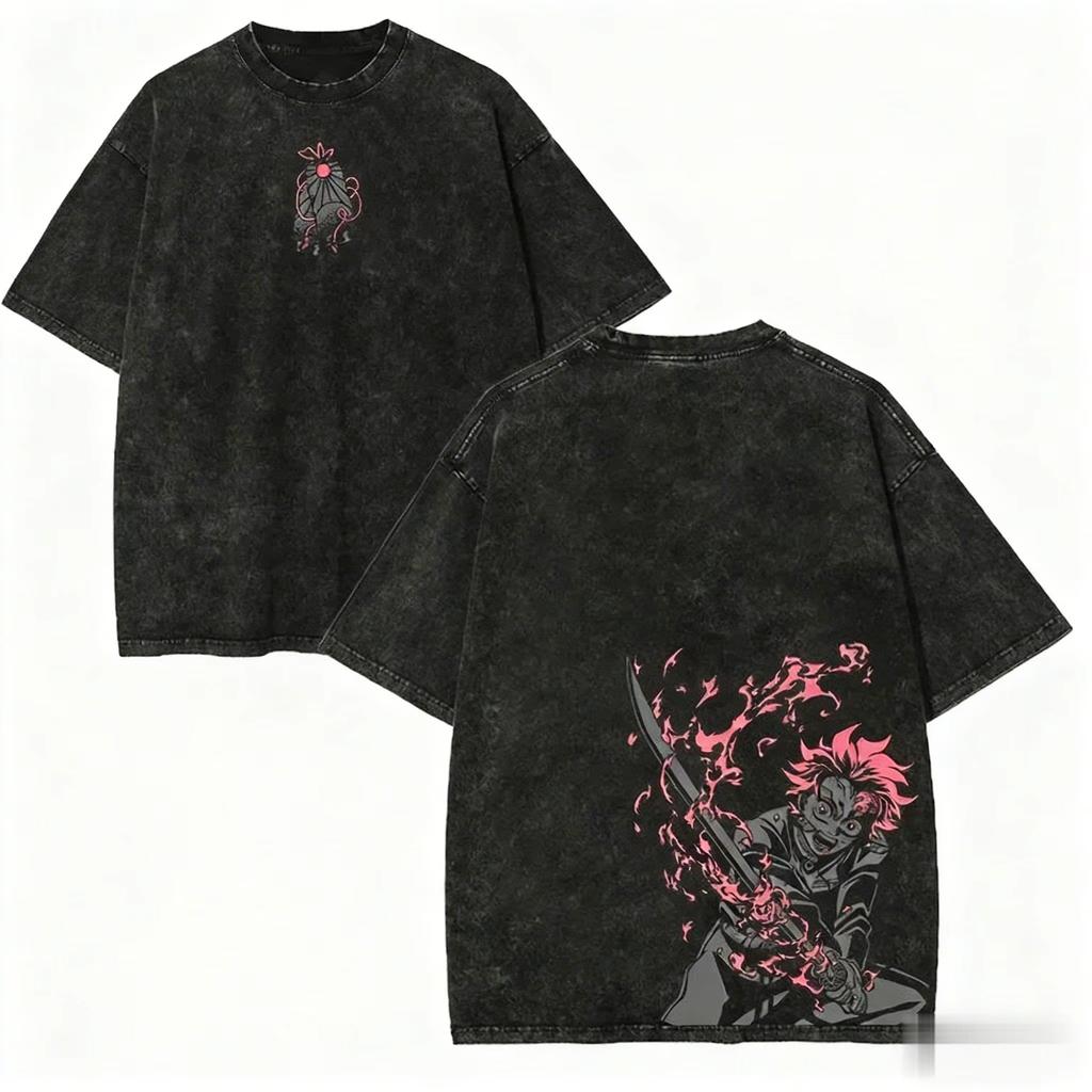 Vintage Washed Demon Slayer Anime Graphic T Shirt Men Women  Cotton Short Sleeve Tee Streetwear Casual Tops Yk Clothes