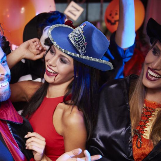 Women Cowboy Hat Rhinestones Inlay Crown Shiny Sequined Hat Brim Western-Themed Night Party Ladies Fancy Dress Festival Cowboy Costume Accessories