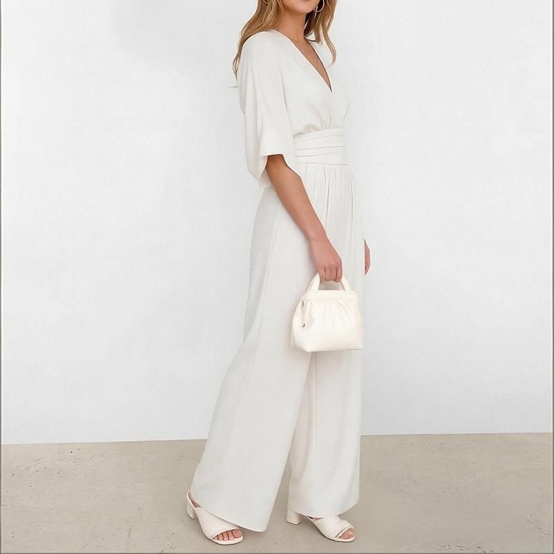 Women's Off Shoulder Three Quarter Sleeve Jumpsuit Slim Fit High Waist Elegant Floral Print Wide Leg Jumpsuit