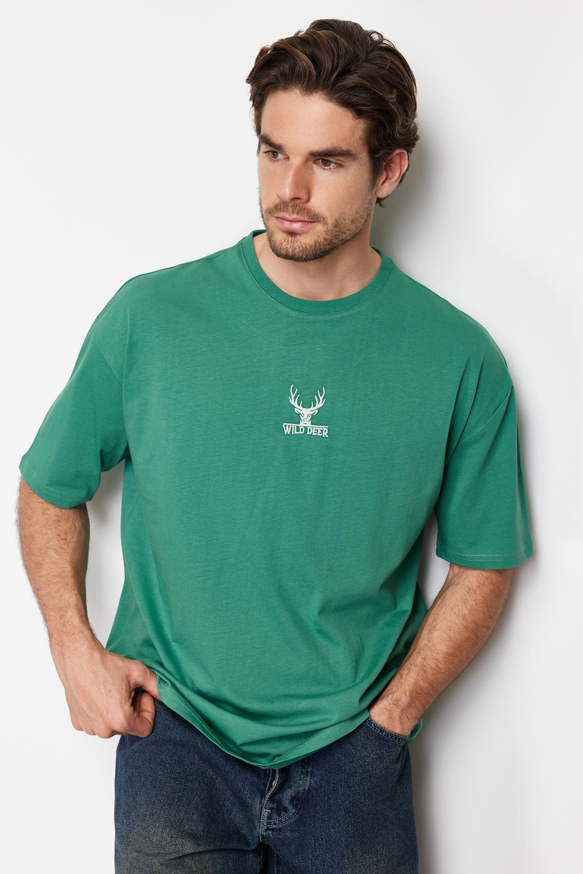 

Men s Fashion New T-Shirt Green Oversize Deer Embroidered 100% Cotton T-Shirt XS белый