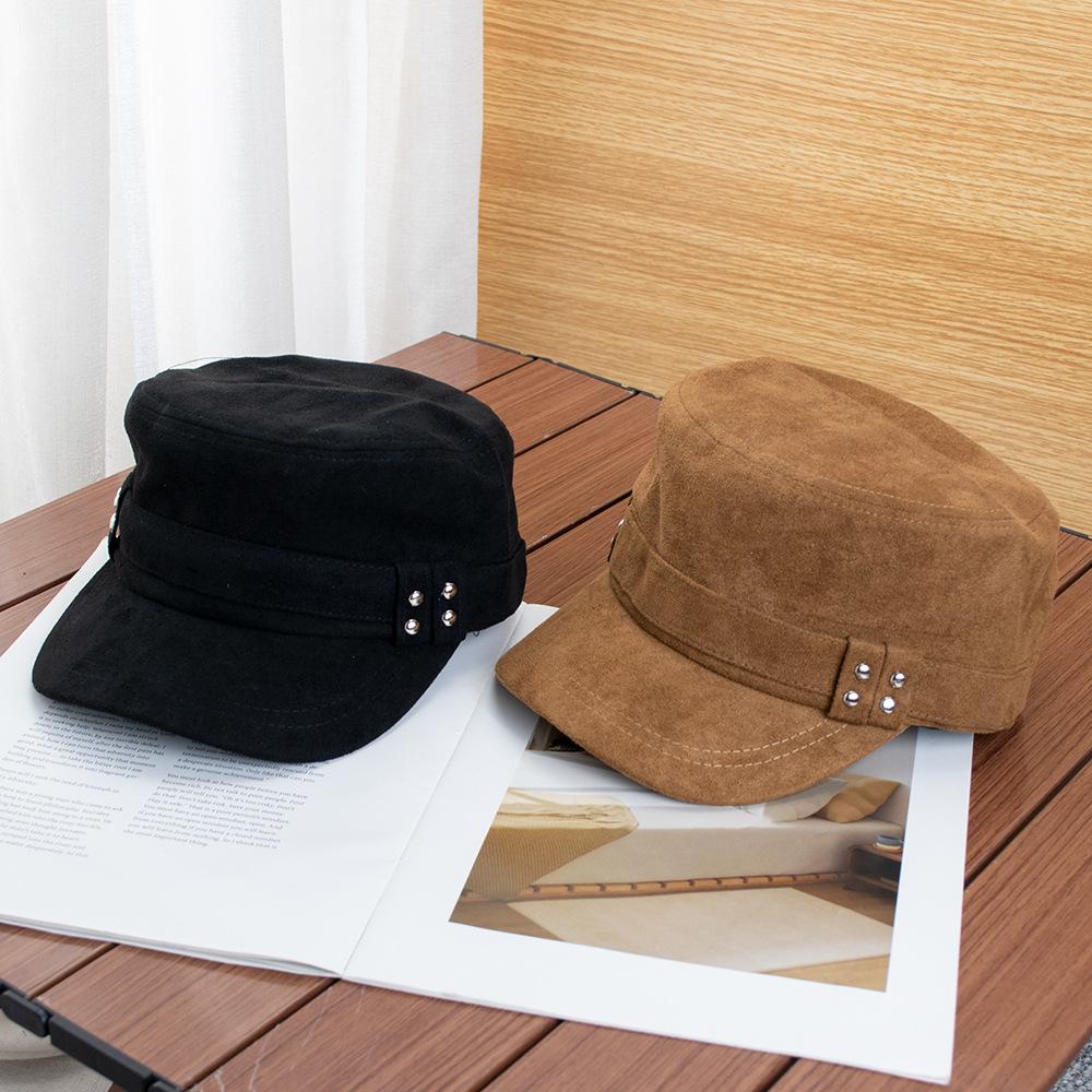 Retro Suede Big Head Circumference Flat Top Cap Women's Autumn and Winter Fashion Rivet Versatile Face Small Equestrian Hat