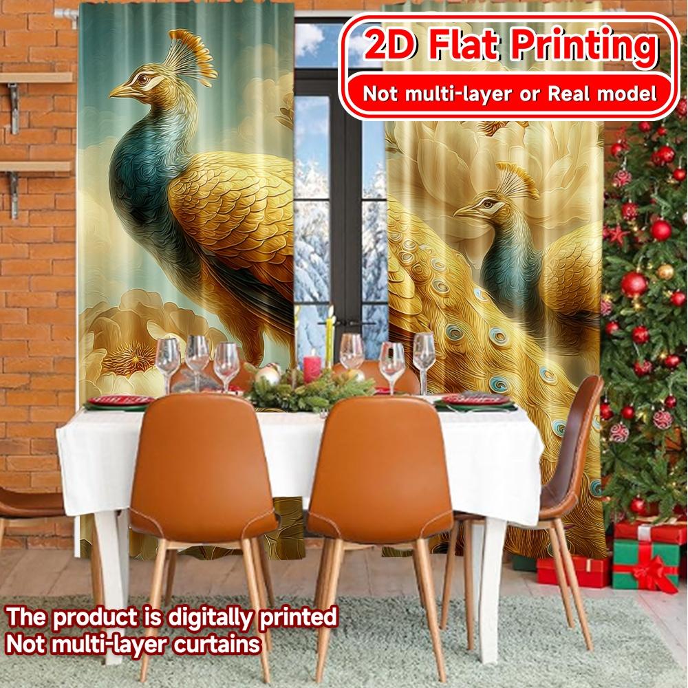 Set Of 2 Elegant Flat Printing Curtains Without Rod Peacocks Flowers New Year Festival Minimalist Prints Light Curtain Polyester