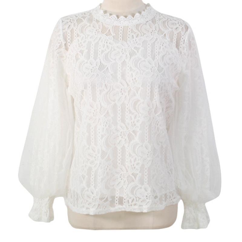 Women's Fashion Casual Color Round Neck Loose Long Sleeve Mesh Sleeve Lace Base Layer Shirt Top