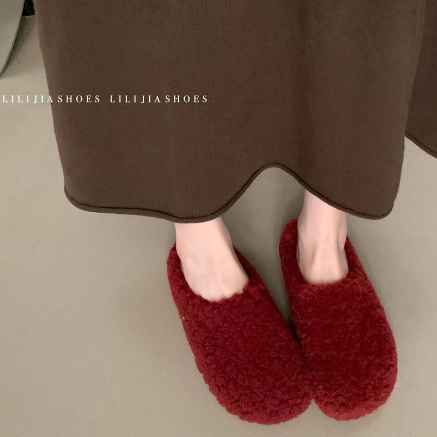 Retro Lammwolle Plüsch Hausschuhe Damen 2025 Herbst und Winter neue Taschenkopf Pantoffeln Fee faul Baumwollpantoffeln ein Pedal