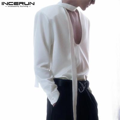 Men Deep V Neck Long Sleeve Shirts Casual Loose Bandage Tops