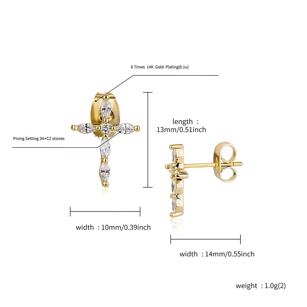 New Hip Hop Punk Gold Plated Cross Stud Earrings Iced Out Cubic Zirconia Jewelry Piercing Stud for Women or Men Ear Accessories