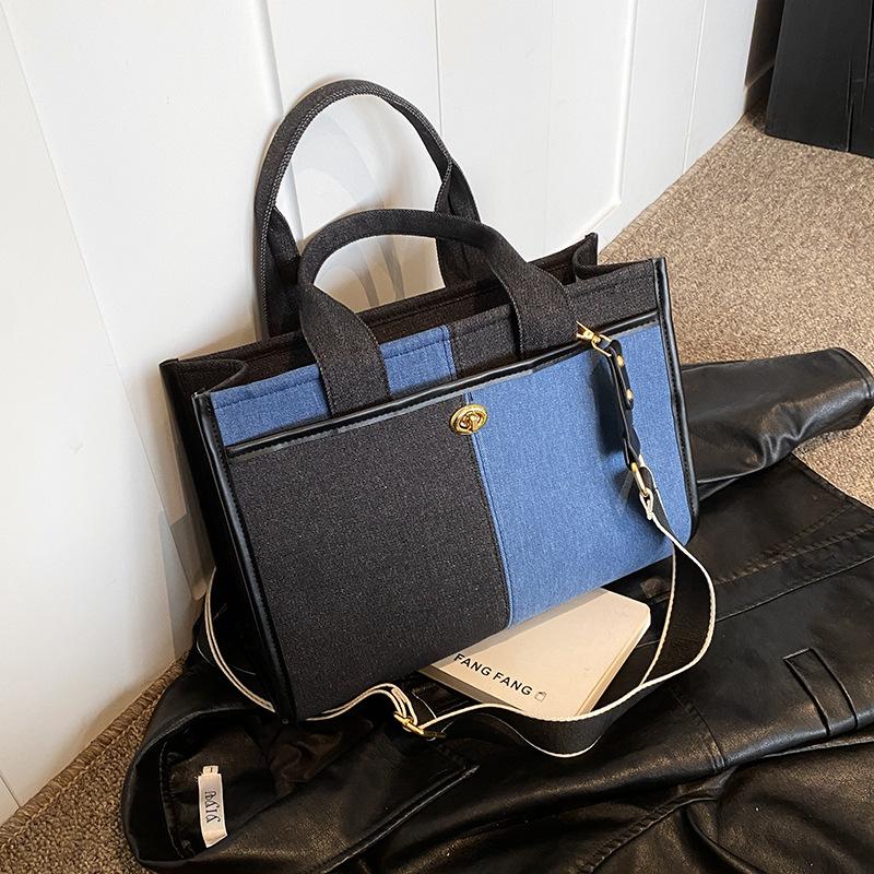 Large capacity denim handbag women's new fashion contrasting color shoulder messenger bag broadband commuter trendy tote bag