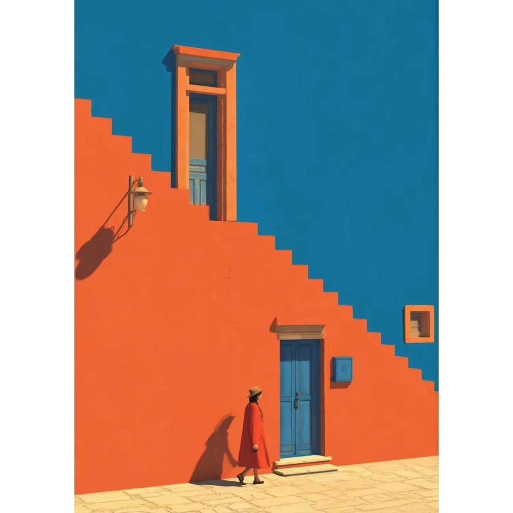 Mediterrane Landschaft Kräftiges Orange Blau Gebäude Küstenblau Sommer Poster Leinwandbild Druck Wandbilder Zuhause