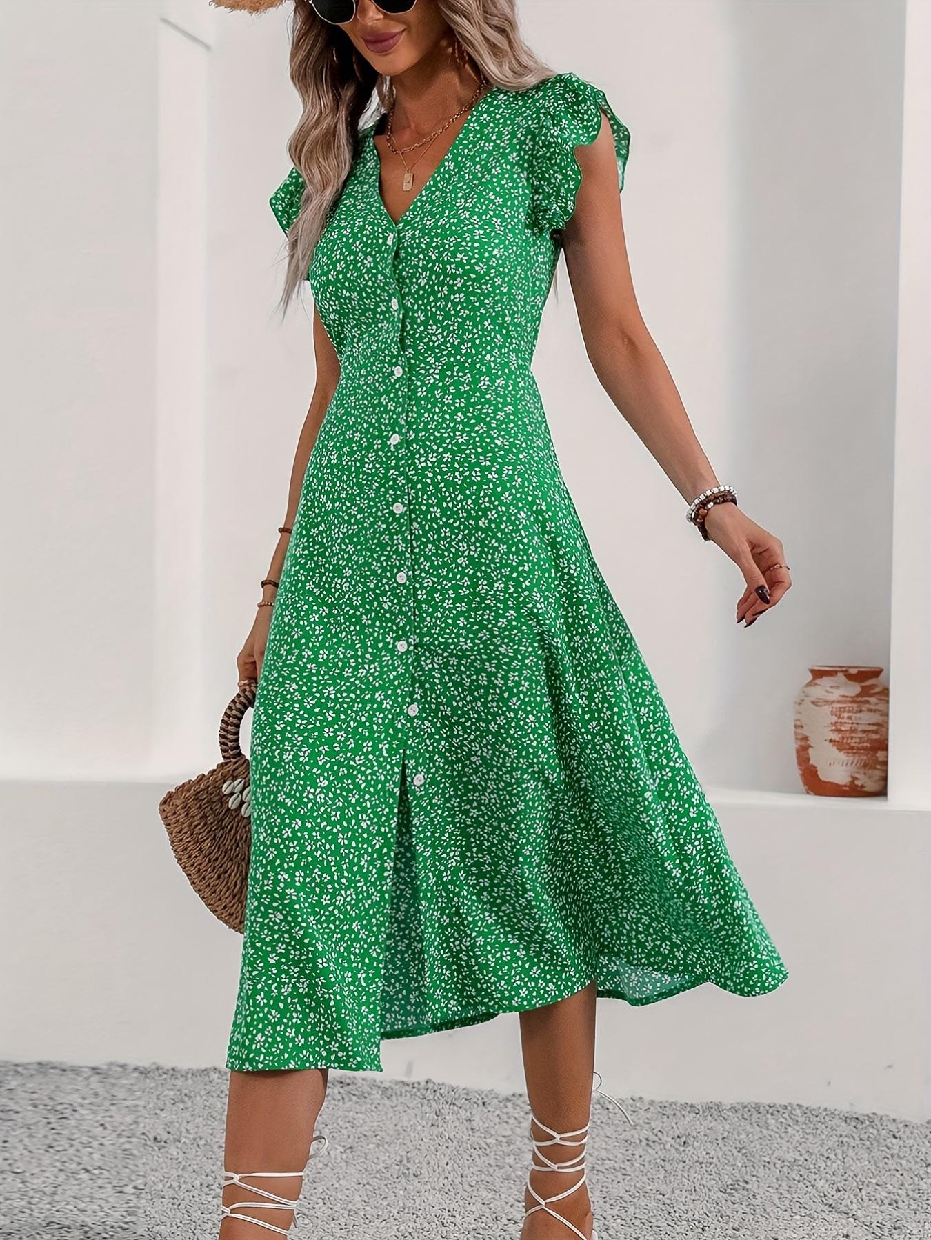 

European and American women s clothing waist swing dress, small floral medium and long dress, short-sleeved button v-neck dress S зелёный