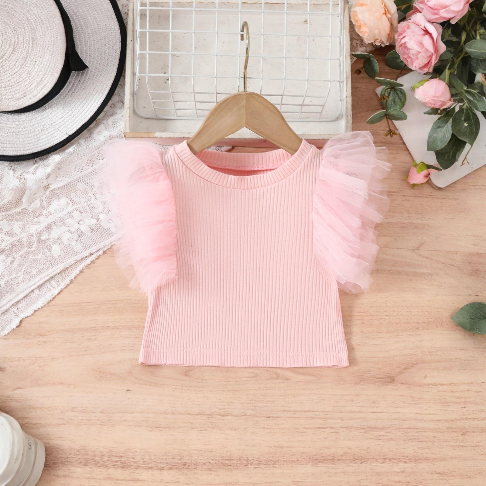 

Сладкий топ для девочек с сетчатыми рукавами и оборкой на круглом вырезе 110