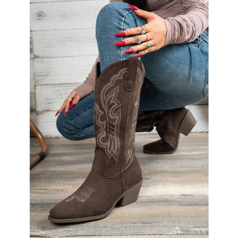 2025 Fashion Fall/Winter New Mid-Heeled Women's Boots Round Toe Plus Size Embroidered Western Women's Boots