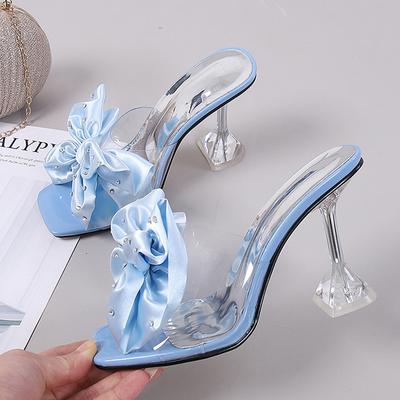Fashion Crystal Bow High Heels Slippers Shoes Woman Sexy Pvc Transparent Sandals Women Slides Open Toe Pumps Blue Black