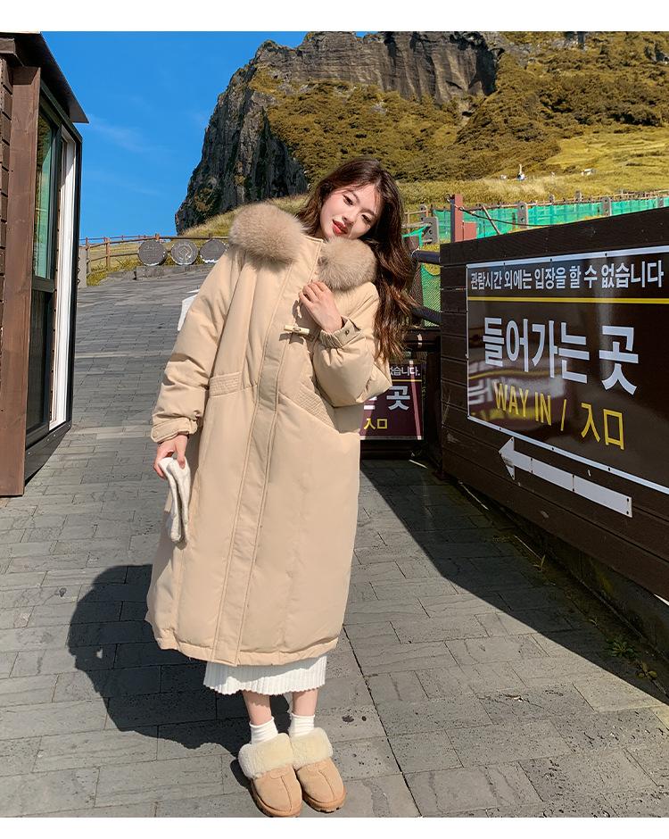 Autumn and Winter Women's Large Size Coat Hooded Fur Collar Horn Buckle Loose Casual Thickened Windproof Women's Jacket