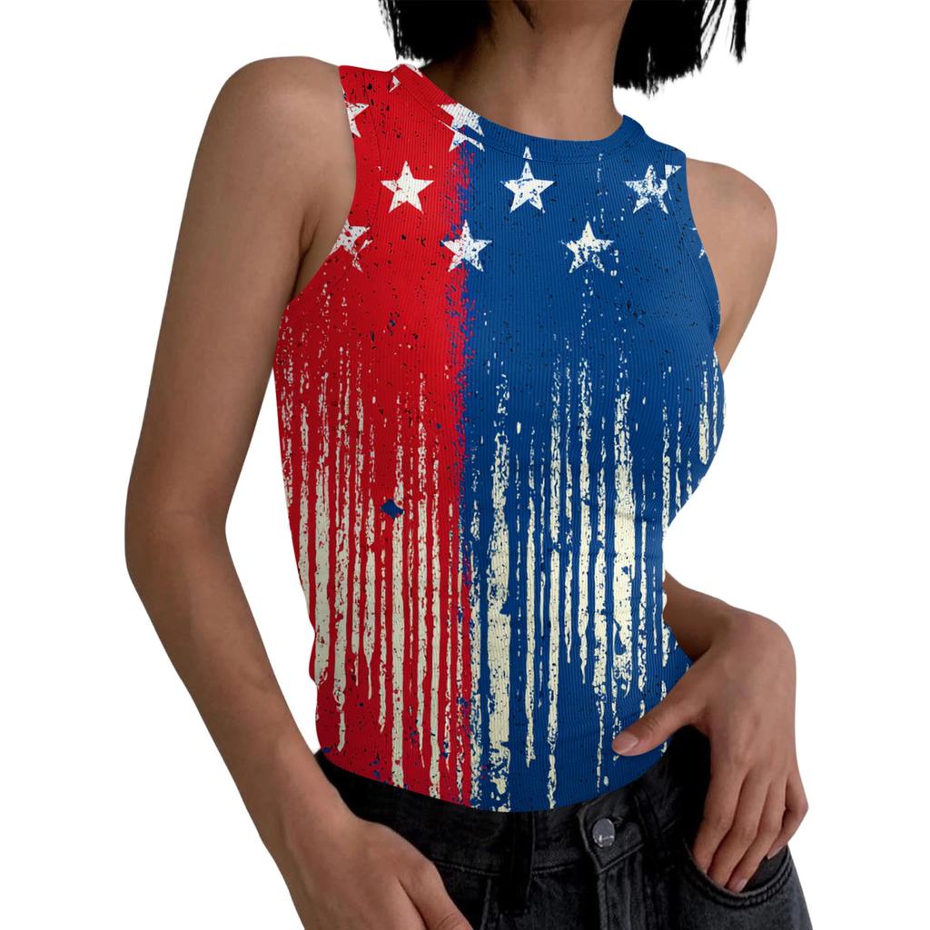 Women's Summer Fashionable Casual Independence Day Printed Round Neck Sleeveless Top Fitted Vest