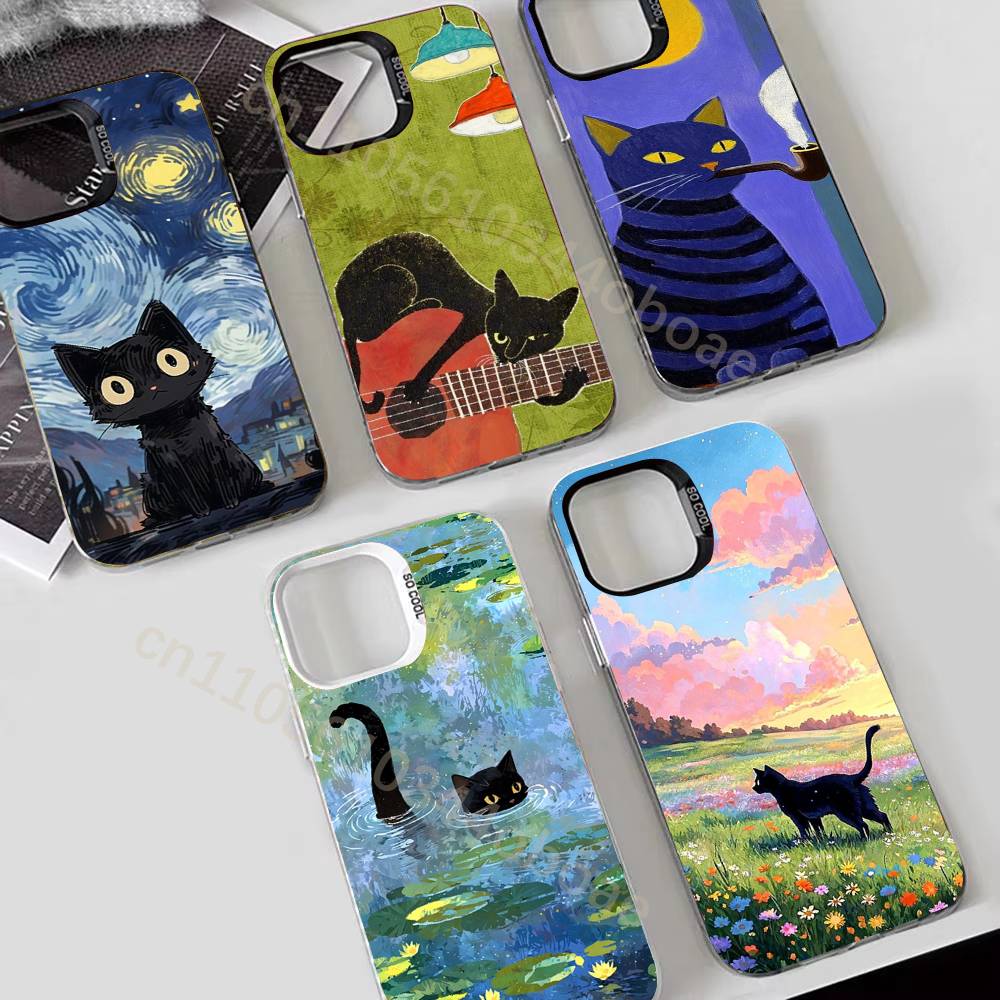 Retro Oil Painting Black Cat Phone Case For iPhone 17,16,15,14,13,12,11,Pro,Max,Plus Soft Black Cover