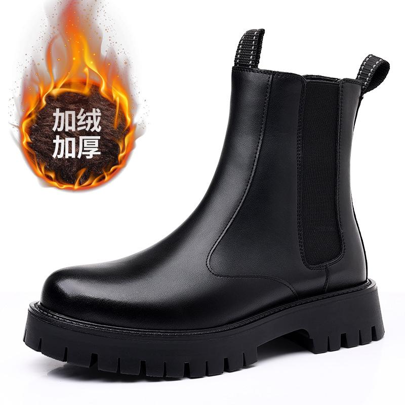 Black Martin Boots Men's Autumn and Winter Trend British Style Chelsea Boots High Top Leather Shoes Men's