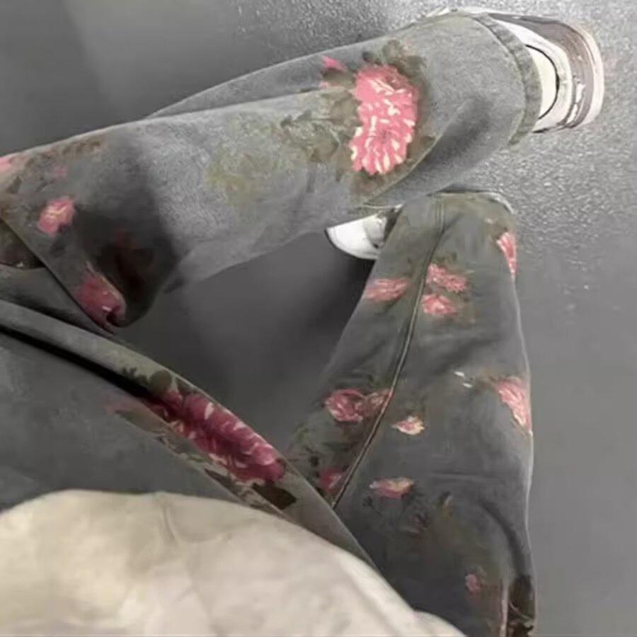 JYL Men's Rose Print Jeans Spring Autumn High-Street Loose Wide-Leg Denim Pants