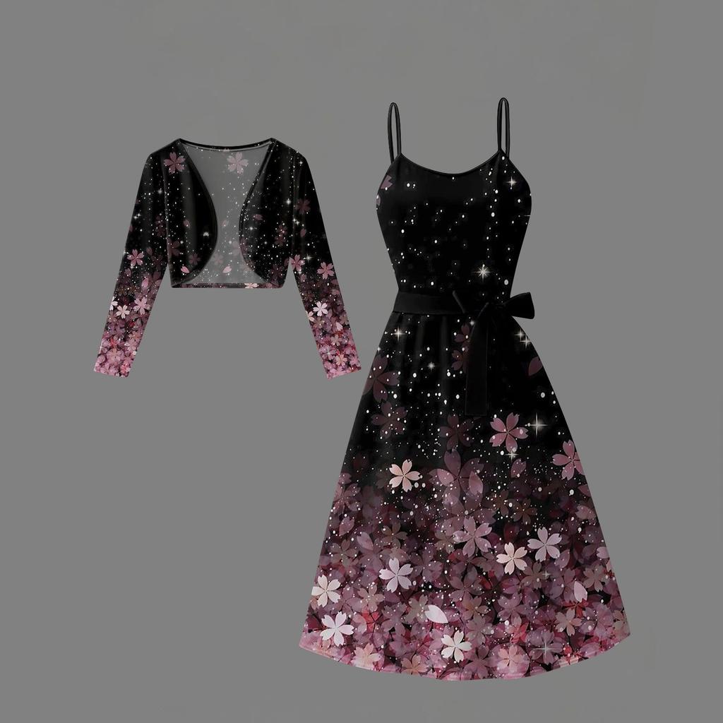 Women's  Fashionable And Casual Long-sleeved Short Cardigan Top + Belt + Strappy Dress Set