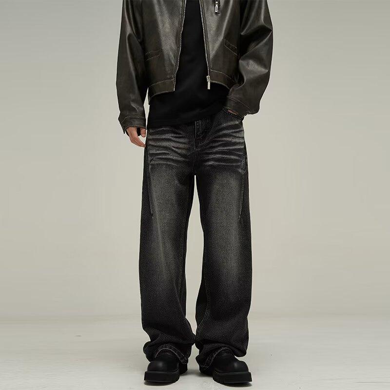 European, American high street washed old denim nine-point long pants men's spring and autumn trendy brand ruffian handsome loose wide-leg floor-moppi