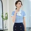 Tromen Women's Blue Stripe Short Sleeve Bow Tie Blouse
