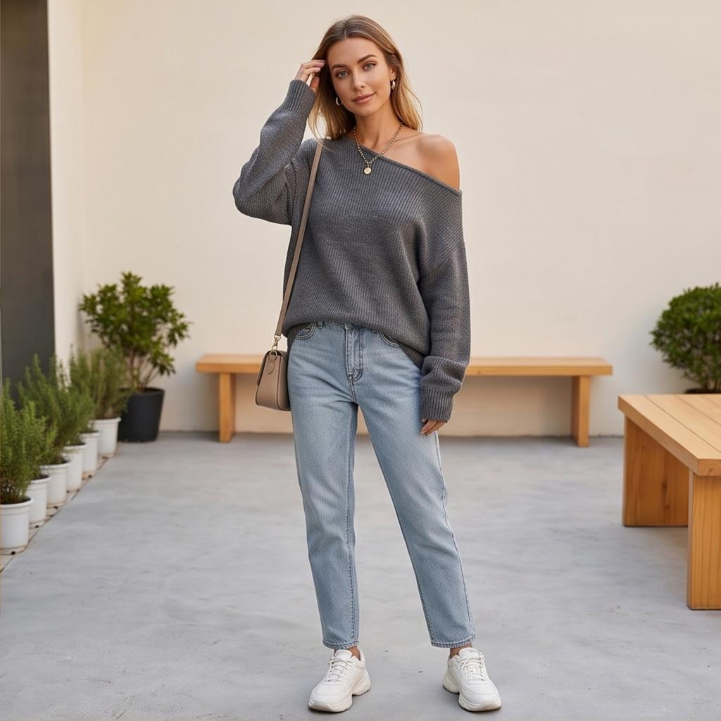 Women's Off-Shoulder Long Sleeve Knit Pullover Sweater