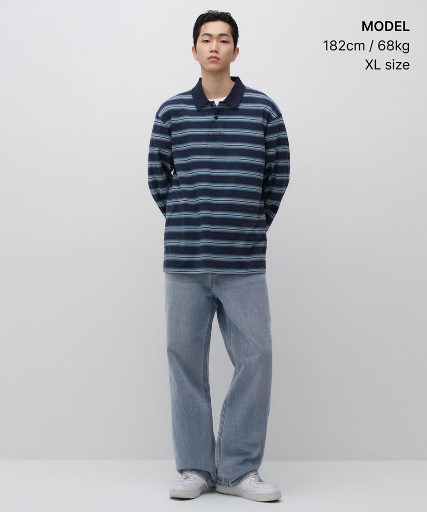 MUSINSA STANDARD Multi-Stripe Long Sleeve Polo Shirt [Navy]