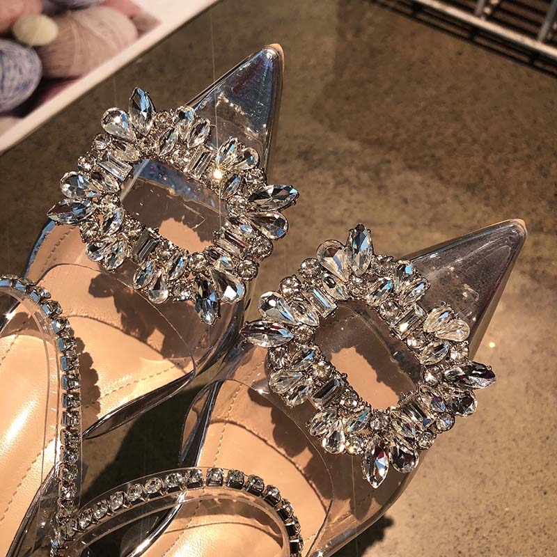 Fashion 2025 New Pointy Transparent Line With Flip-Flops Female Baotou Diamond Flower Fairy Socialite Glass High Heels