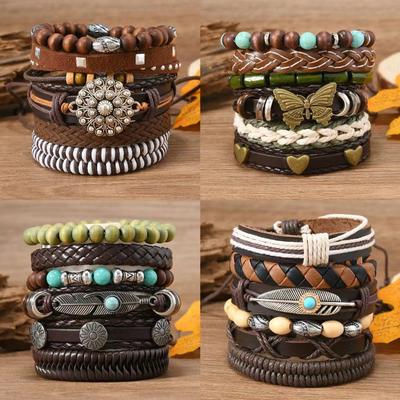 Leather Bracelets for Men Women Handmade Wrap Woven Cuff Bracelets Wooden Beaded Bracelets Vintage Ethnic Tribal Wristbands Bracelet Set Adjustable