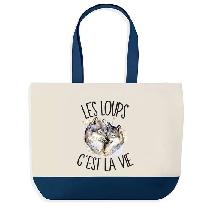 Tote bag - PLANETEE - Loup c'est la Vie - fond bleu - coton 40 x 45 cm - grand format