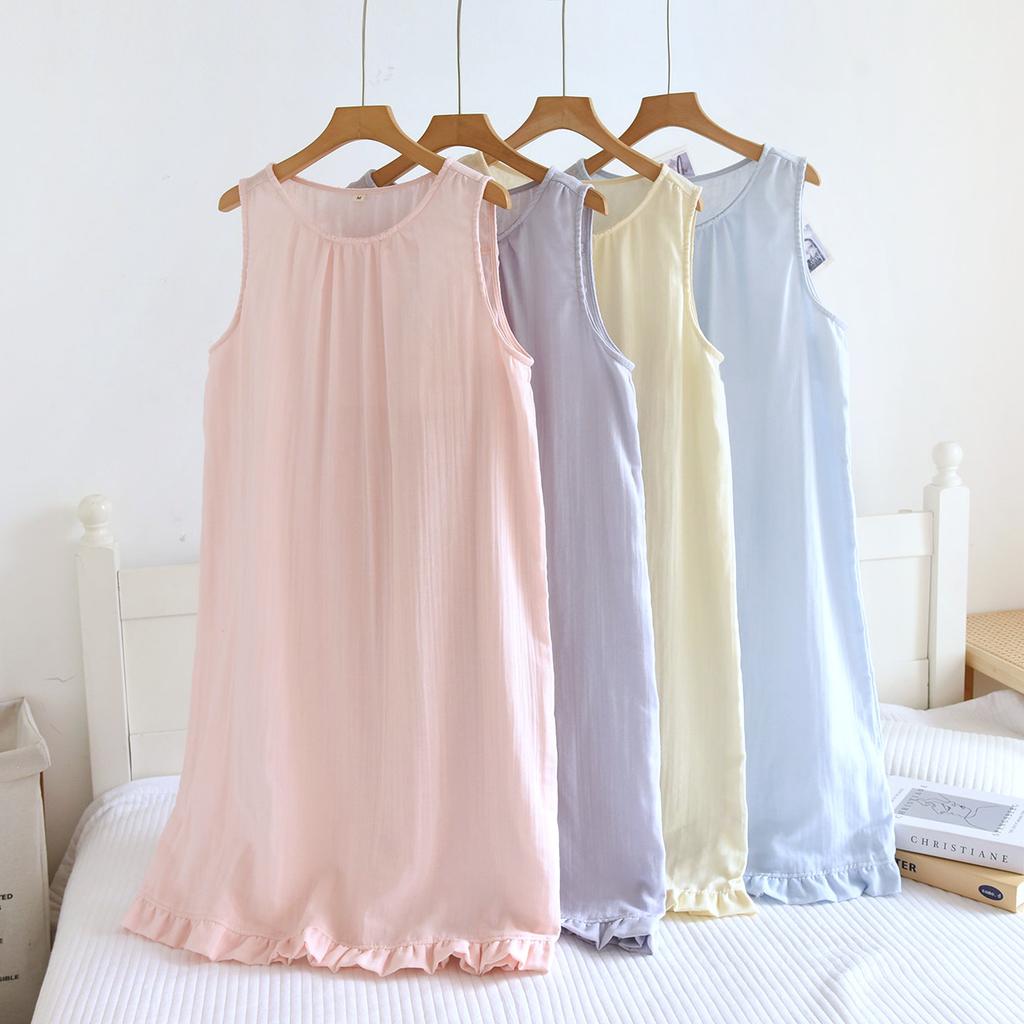 Pure Cotton Double-layer Yarn Nightdress Women's Spring and Summer New Round Neck Pure Cotton Medium and Long Dress Can Be Worn Outside Loungewear