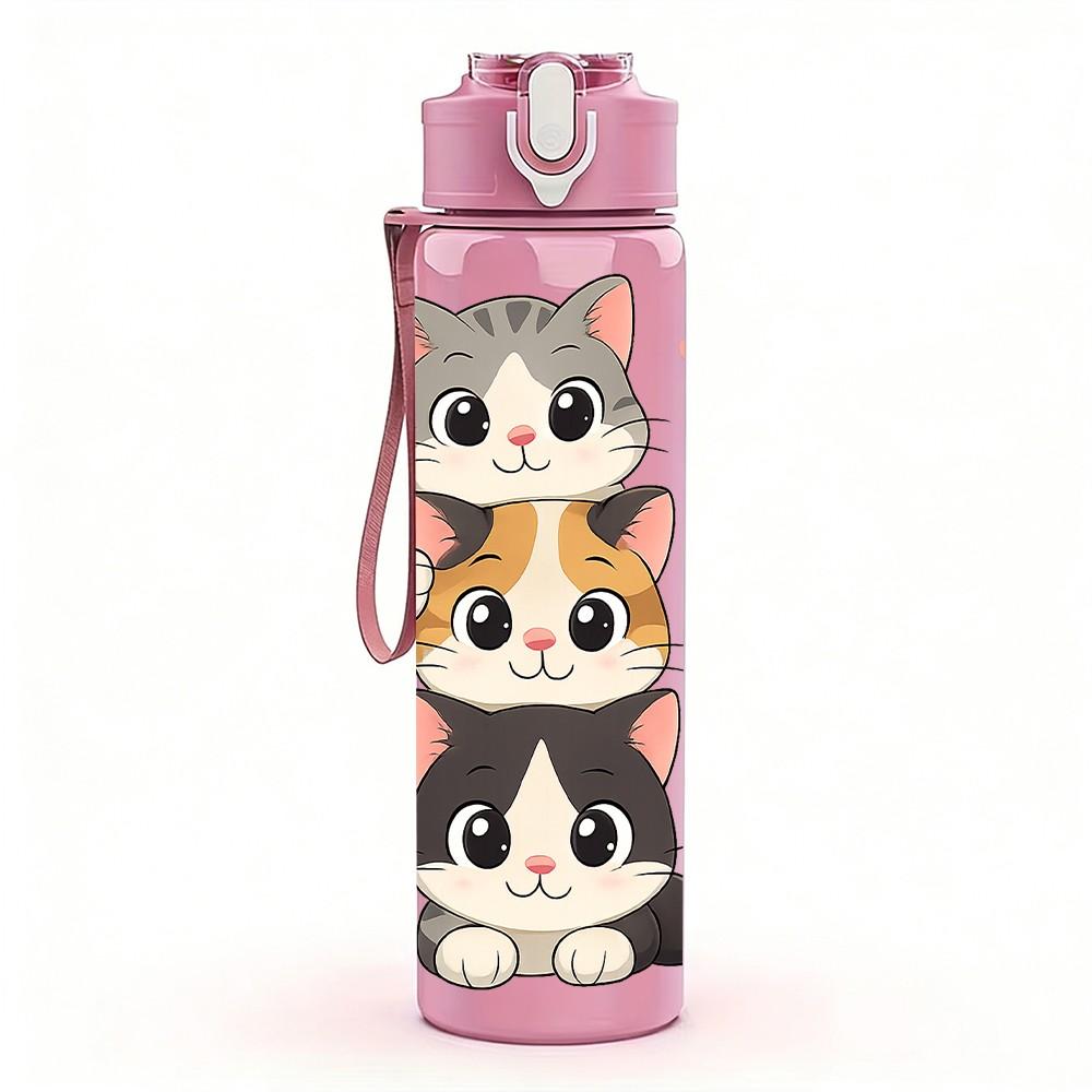 1PC Stacked Cute Cat Pet Animal Pattern 750ml Color Plastic Sports Water Bottle Leakproof Flip Straw Lid Suitable for Sports Office Home Use