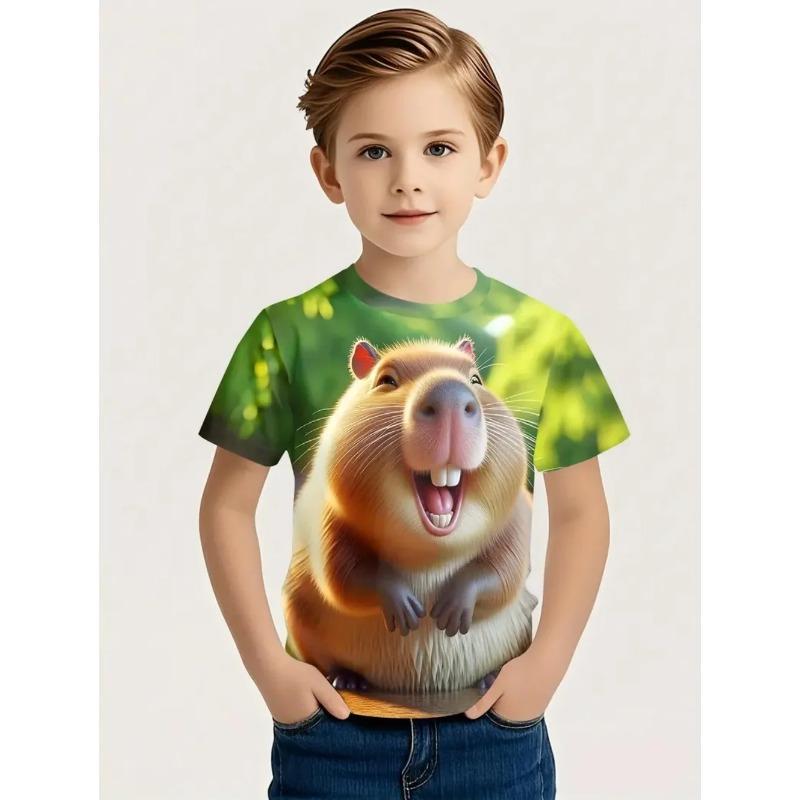 Round Neck 3D Capybara Printed Fashionable Short Sleeved Children's Boy T-shirts - Soft Medium Stretch Polyester Fabric Summer Relaxed Fit Clothing