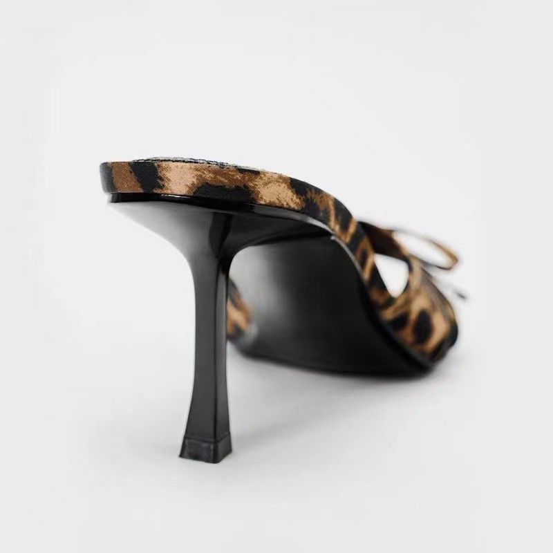 Fashion Luxury Womens High Heels High Quality Womens Slippers Bow Tie Leopard Print Sandals Mesh Pointed Toe Women Shoes Summer 2025 New
