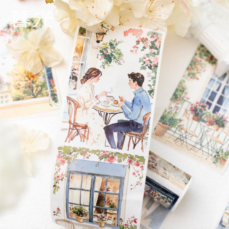 1 Roll 8*200cm Scene-Building Tape Stickers, Illustration-Style Cityscape with Houses & Figures for Scrapbooking