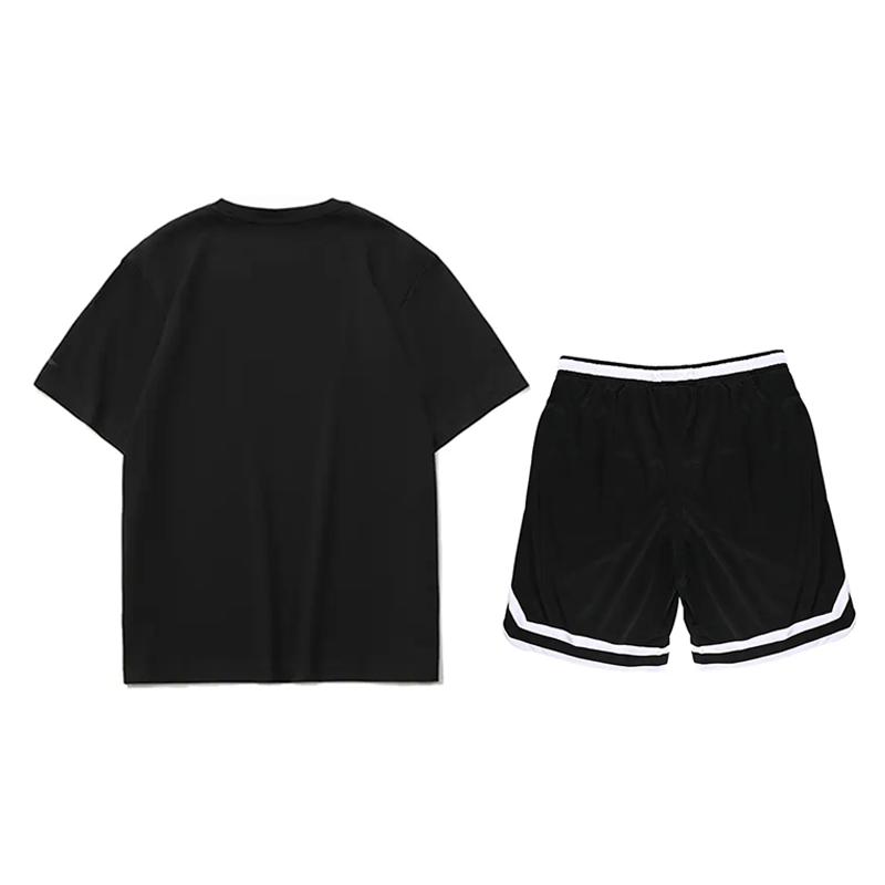 Li Ning Cartoon Pattern Loose Round Neck Short Sleeve T-Shirt And Solid Color Shorts Casual Sports Set Unisex sets Black AHSUA23-2+YAPV001-1