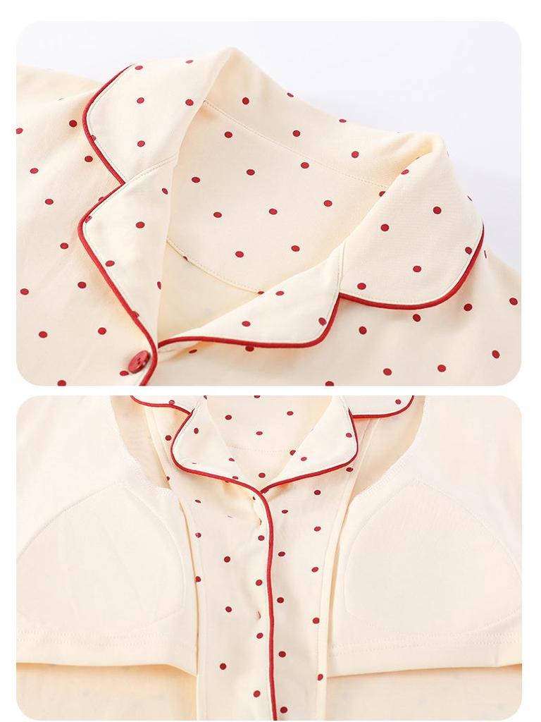 Women's Pure Cotton Pajama Set with Chest Pad, Long Sleeve Cardigan, and Lapel - Spring/Autumn 2025 Style.