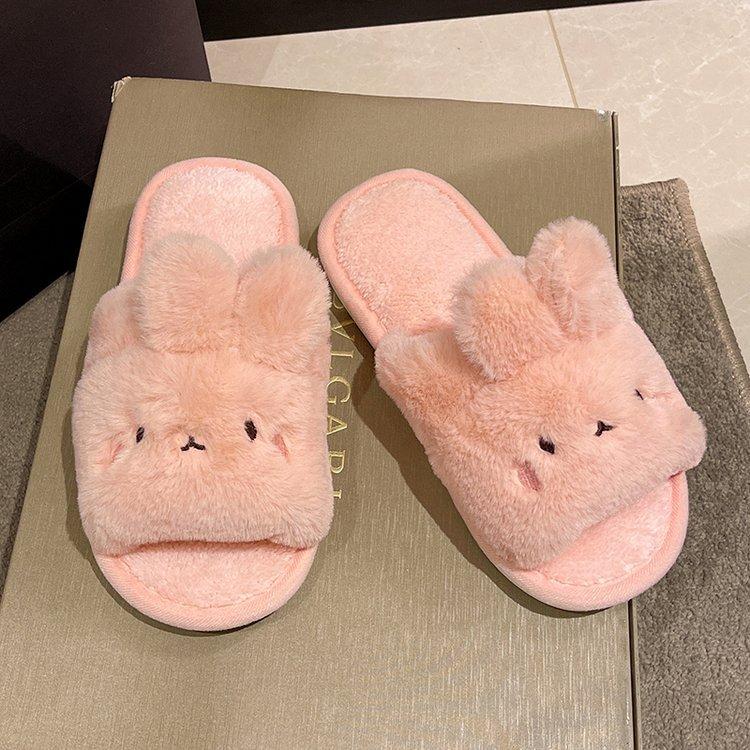 Fashion 2025 Autumn New Home Cartoon Rabbit Cotton Slippers Female Flat Bottom Plush Solid Color Soft Indoor Slides Casual Women's Shoes